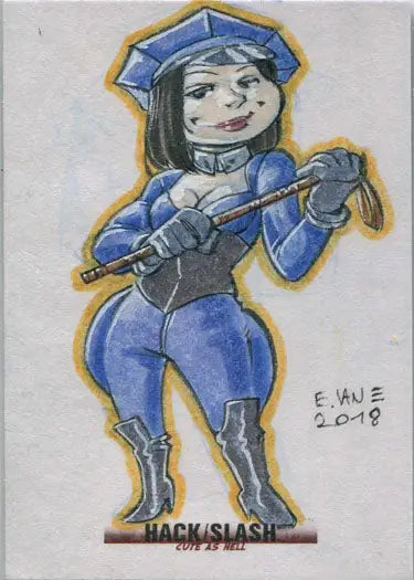Cartoon-style blue-clad female character with sword in Hack Slash Cute sketch by Eric Van Elslande