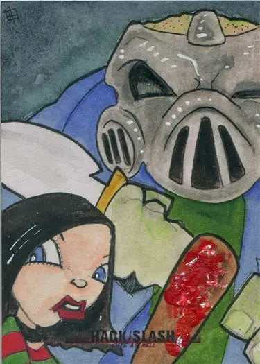 Metallic mask with eye holes and grille mouth in Hack Slash Cute As Hell Sketch Card
