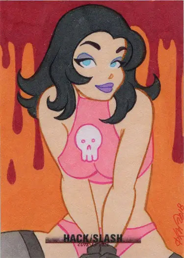 Cartoon illustration of a woman in pink top with skull design from Hack Slash Cute series