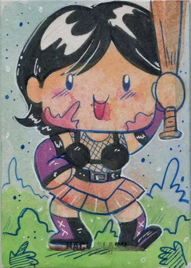 Cartoon character with black hair in plaid skirt holding bat from Hack Slash Cute 5finity card