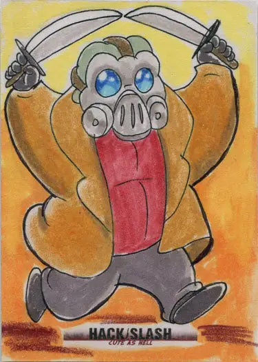 Cartoon character with gas mask and dual blades in Hack Slash Cute sketch card by Tracy Bailey
