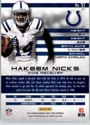 Hakeem Nicks - 2014 Panini Rookies & Stars - #31 - Football - Football Card Single