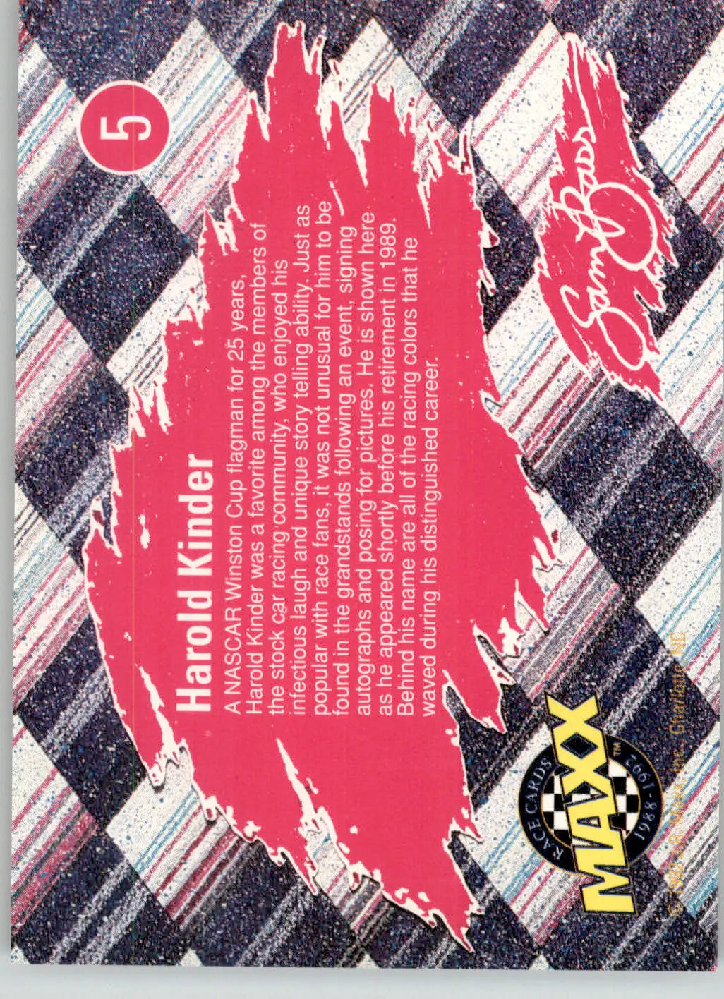 Harold Kinder - 1992 Maxx (Red) - #5 - Sam Bass Racing - Racing Card Single