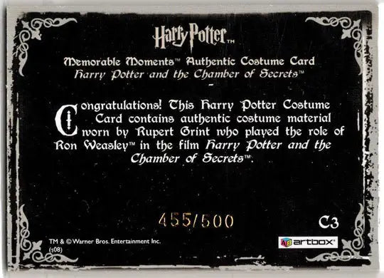 Harry Potter Memorable Moments 2 Costume Card C3 Rupert Grint 455/500 - Entertainment Memorabilia