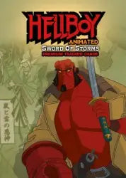 Red demonic figure holding a sword featured on Hellboy promo card for trading cards