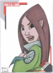 Stylized cartoon portrait of a woman with pointed ears on Rich Koslowski Sketch Card