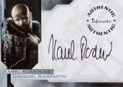 Autographed Karel Roden trading card featuring a bald man with a beard in dark clothing