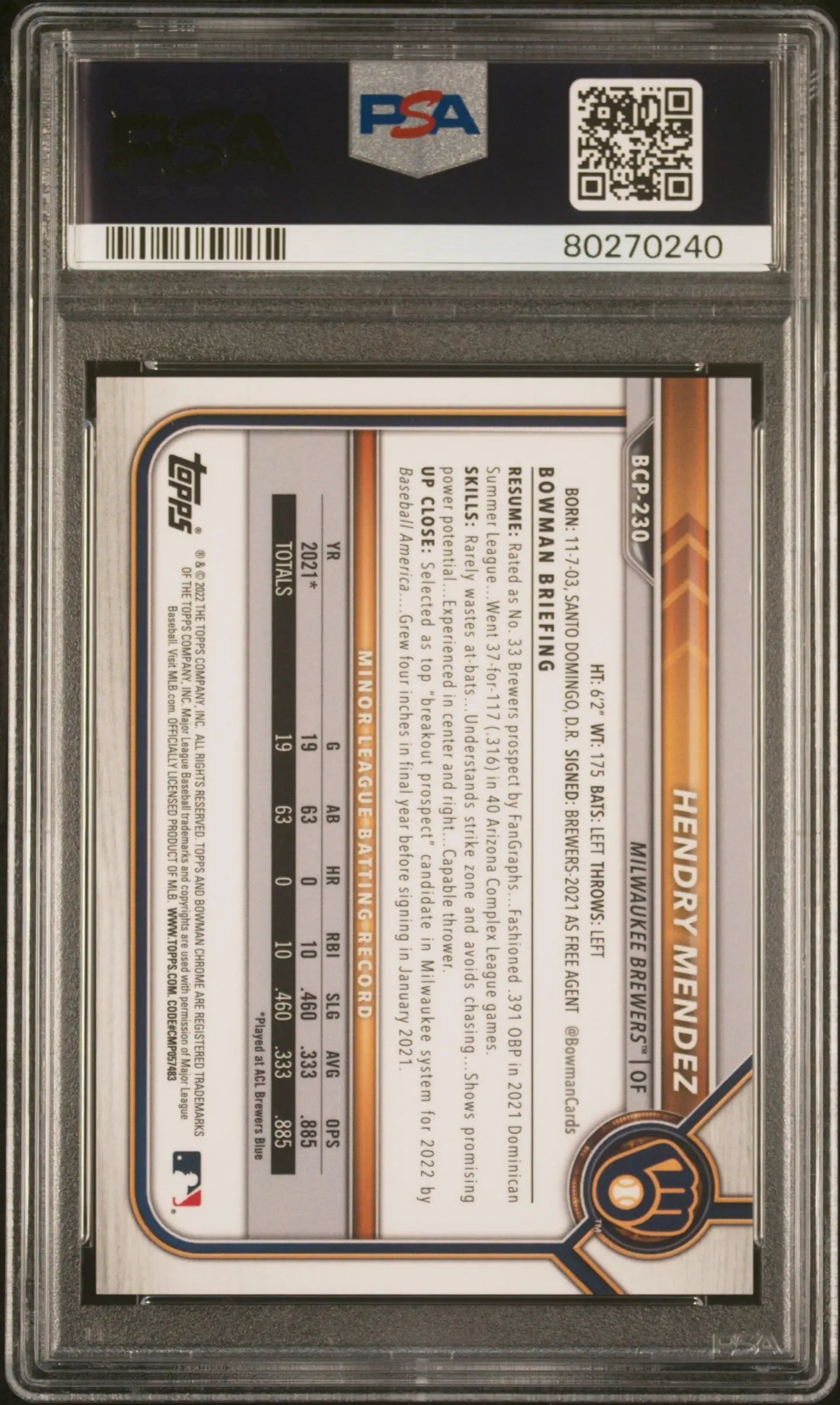 Hendry Mendez 2022 Bowman Chrome SApphire Padparadscha #1/1 PSA 9 Mint - Baseball Card Single