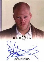 Headshot of Blake Shields as Flint Gordon on an autograph card with serious expression