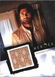 Trading card of Mohinder Suresh with fabric swatch labeled Heroes for relic costume card