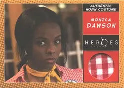 Trading card of Monica Dawson’s Burger Bonanza uniform costume card with fabric swatch