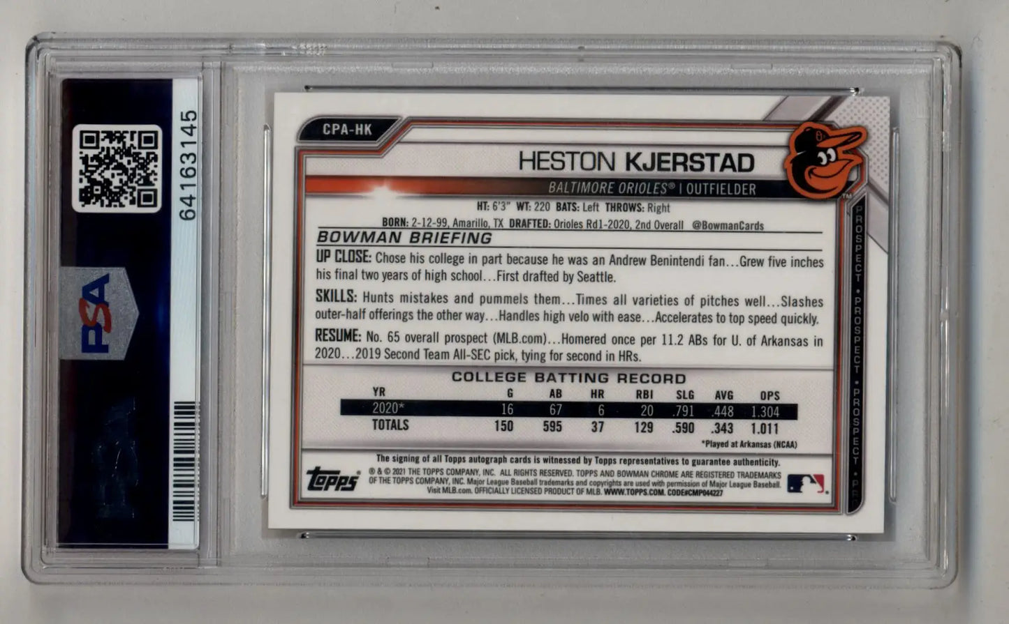 Heston Kjerstad 2021 Bowman Chrome Prospects Gold Refractor Auto24/50 PSA 10 Auto 10 - Baseball Card Single