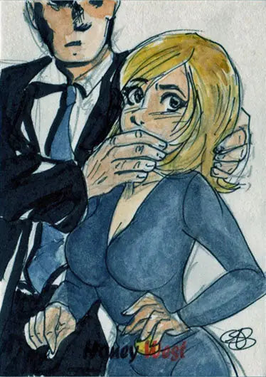 Stylized painting of two figures on Honey West Moonstone 5finity Sketch Card by Amber Stone