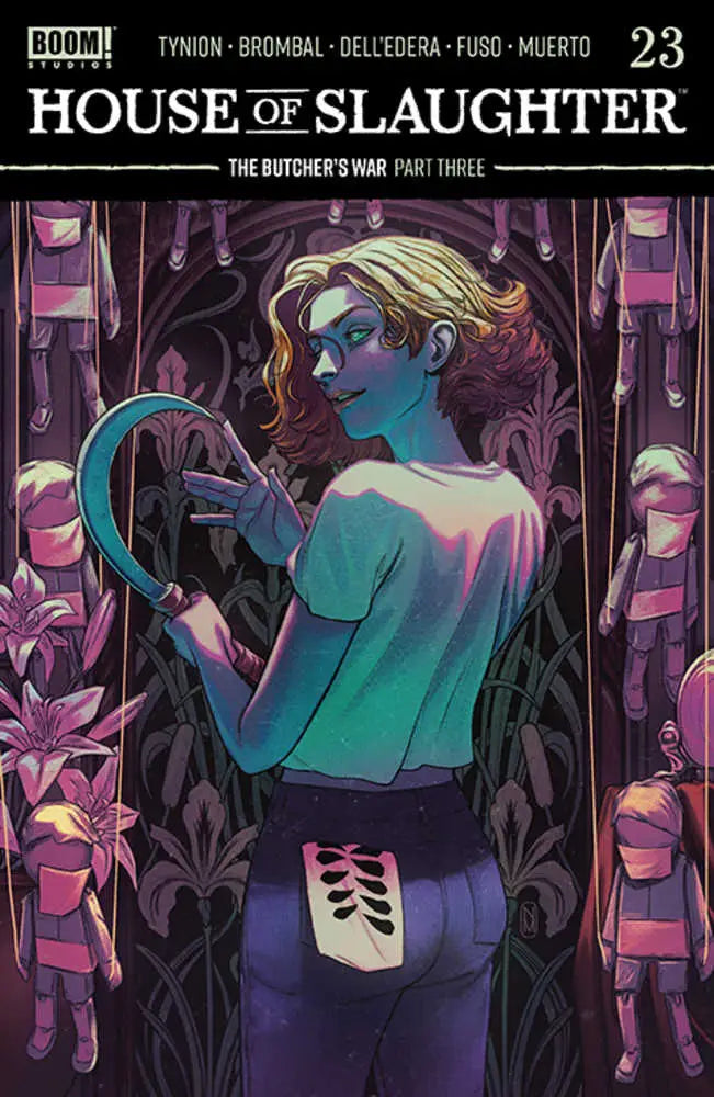 Comic book cover for House of Slaughter #23 with blonde figure on dark floral pattern