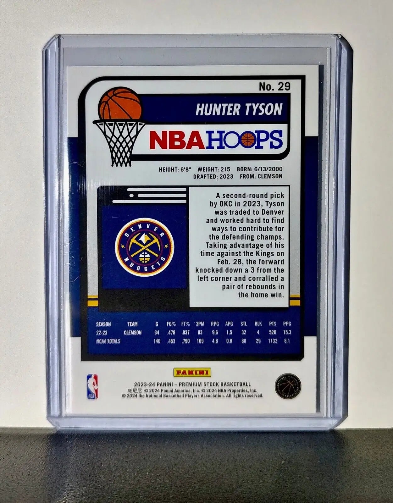 Hunter Tyson 2023-24 Panini Premium Stock NBA Hoops #29 Rookie Card Nuggets - Basketball Card Single