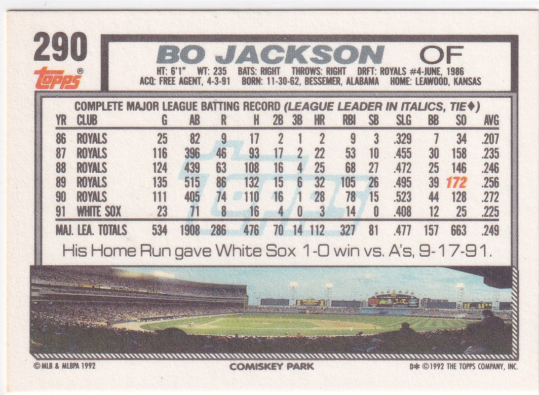 1992 TOPPS #290 BO JACKSON COMISKEY PARK- CHICAGO WHITE SOX