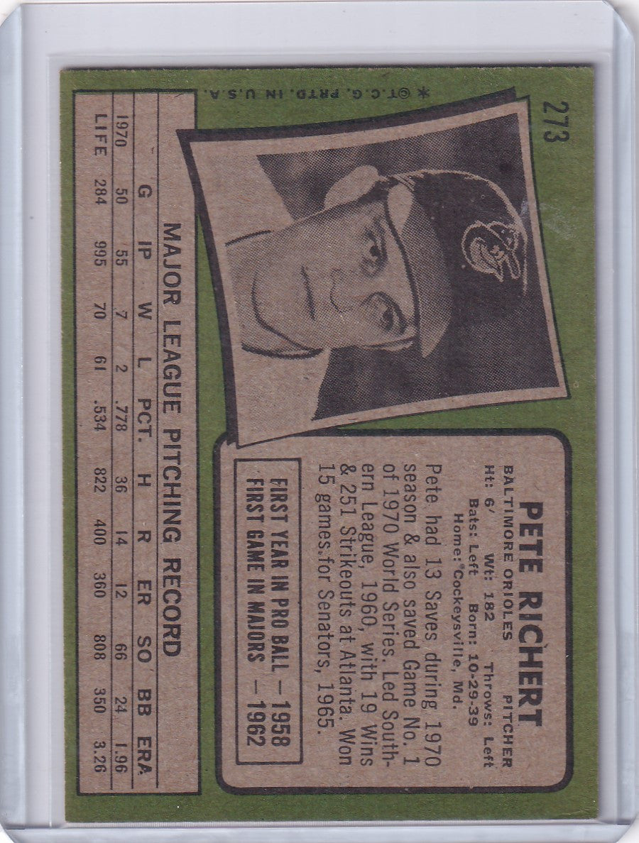 1971 Topps Baseball #273 Pete Richert - Baltimore Orioles