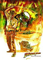 Stylized painting of an adventurer in fedora and leather jacket on Indiana Jones promo card