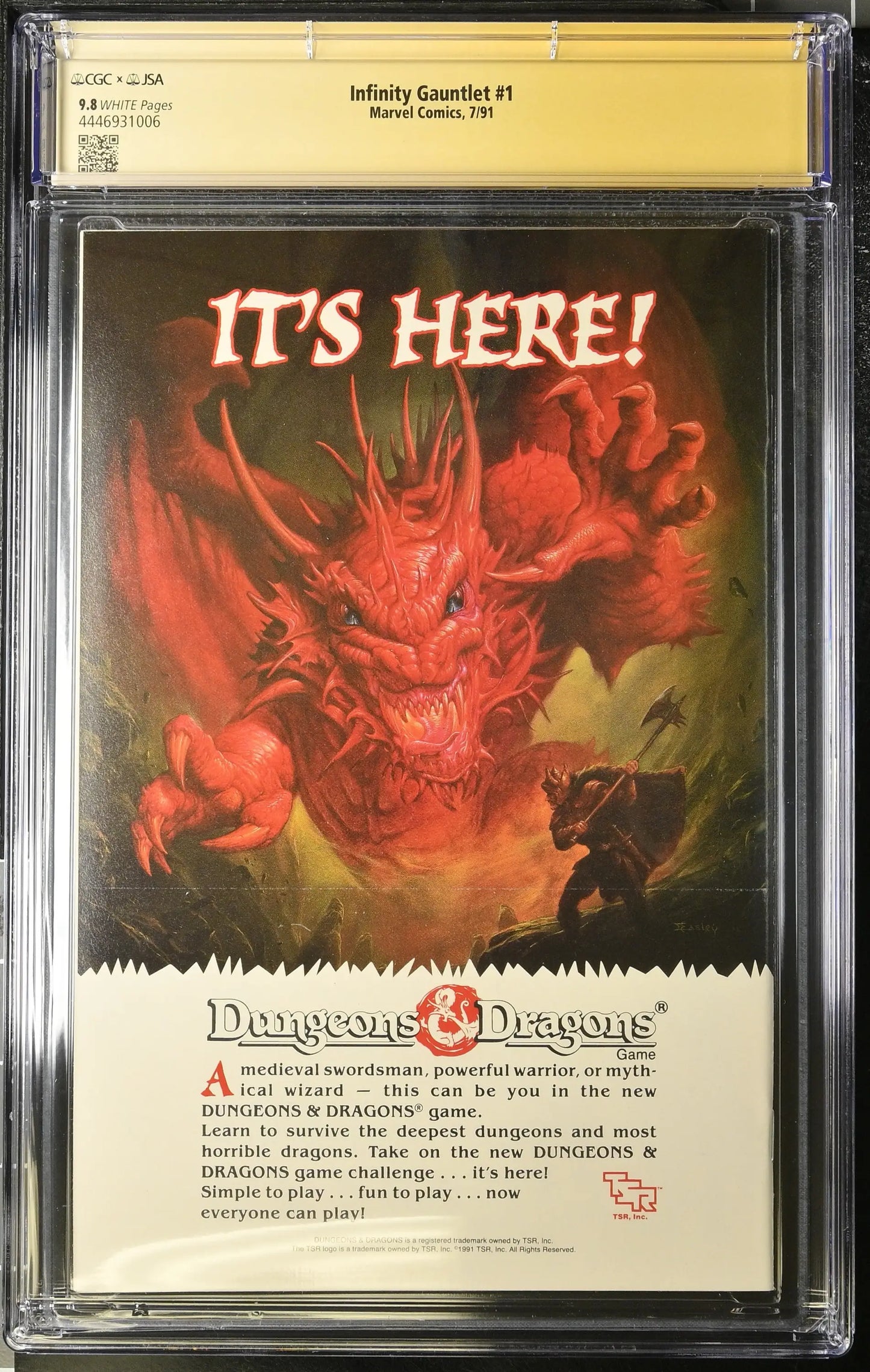 CGC-graded Dungeons & Dragons It’s Here advertisement with red dragon art and Infinity Gauntlet