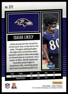 Isaiah Likely Rookie 2022 Score #372 Baltimore Ravens - Football Card Single