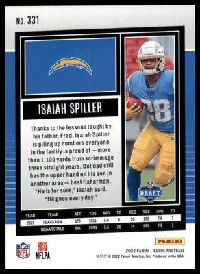 Isaiah Spiller Rookie 2022 Score #331 Los Angeles Chargers - Football Card Single