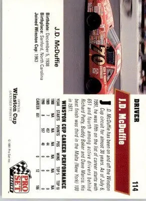 J.D. McDuffie - 1991 Pro Set - #114 - Racing - Racing Card Single