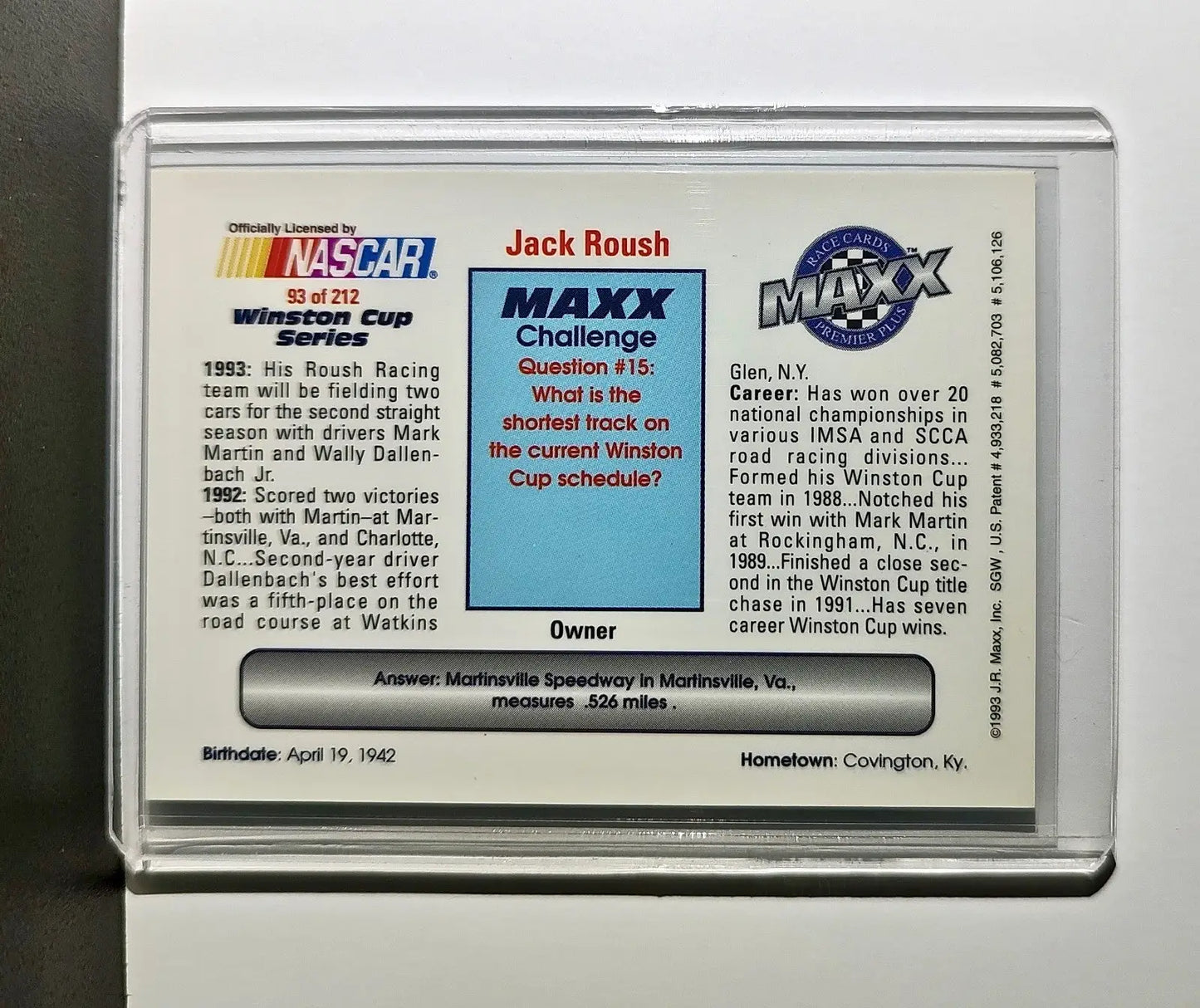 Jack Roush 1993 Maxx Premier Plus Racing #93 NASCAR Card Roush Racing