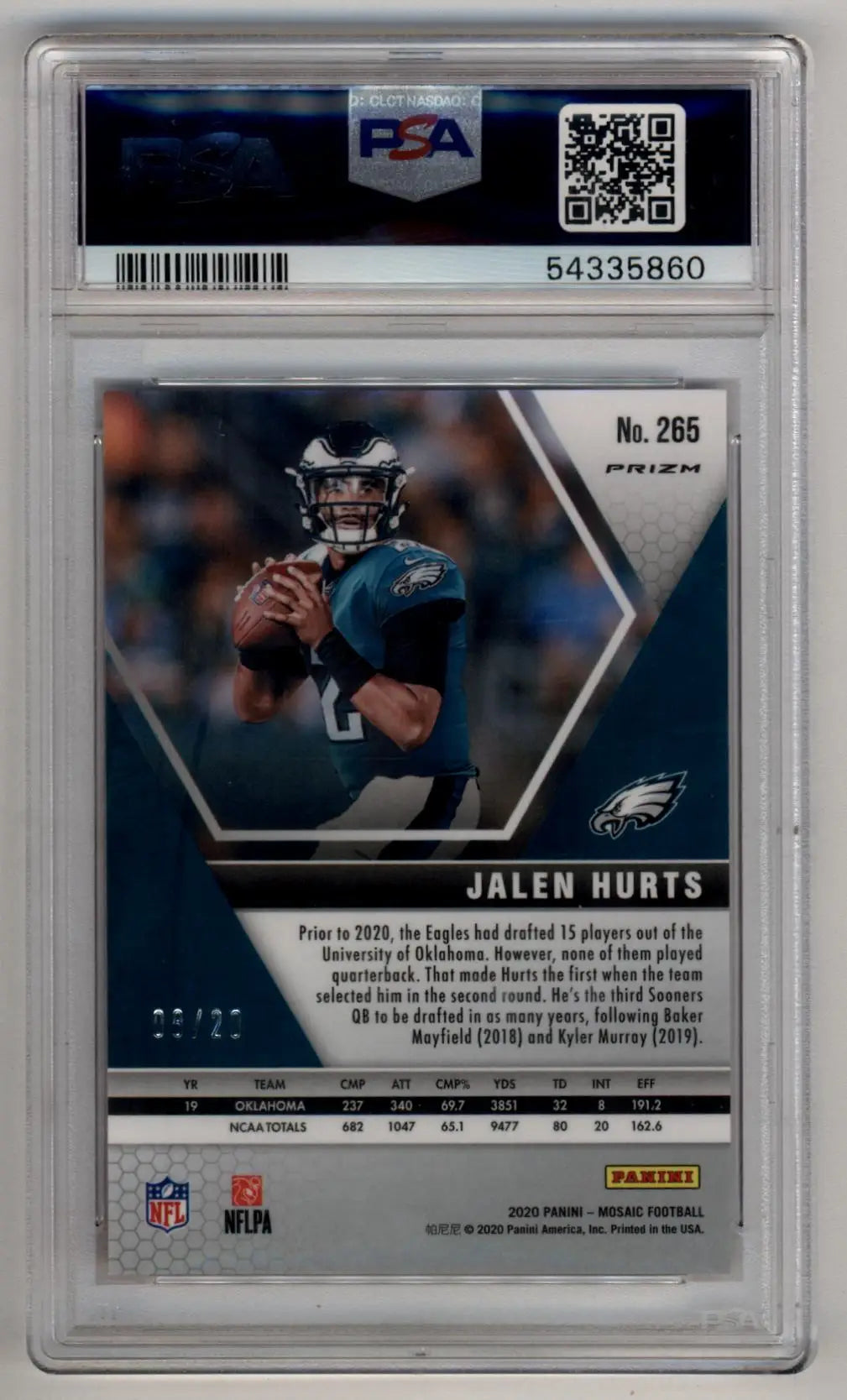 Jalen Hurts 2020 Mosaic No Huddle Pink 06/20 #265 PSA 10 Gem Mint - Football Card Single
