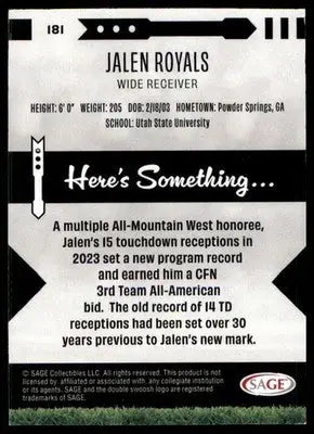 Jalen Royals 2025 SAGE HIT Purple #181 Utah State Aggies - Football Card Single