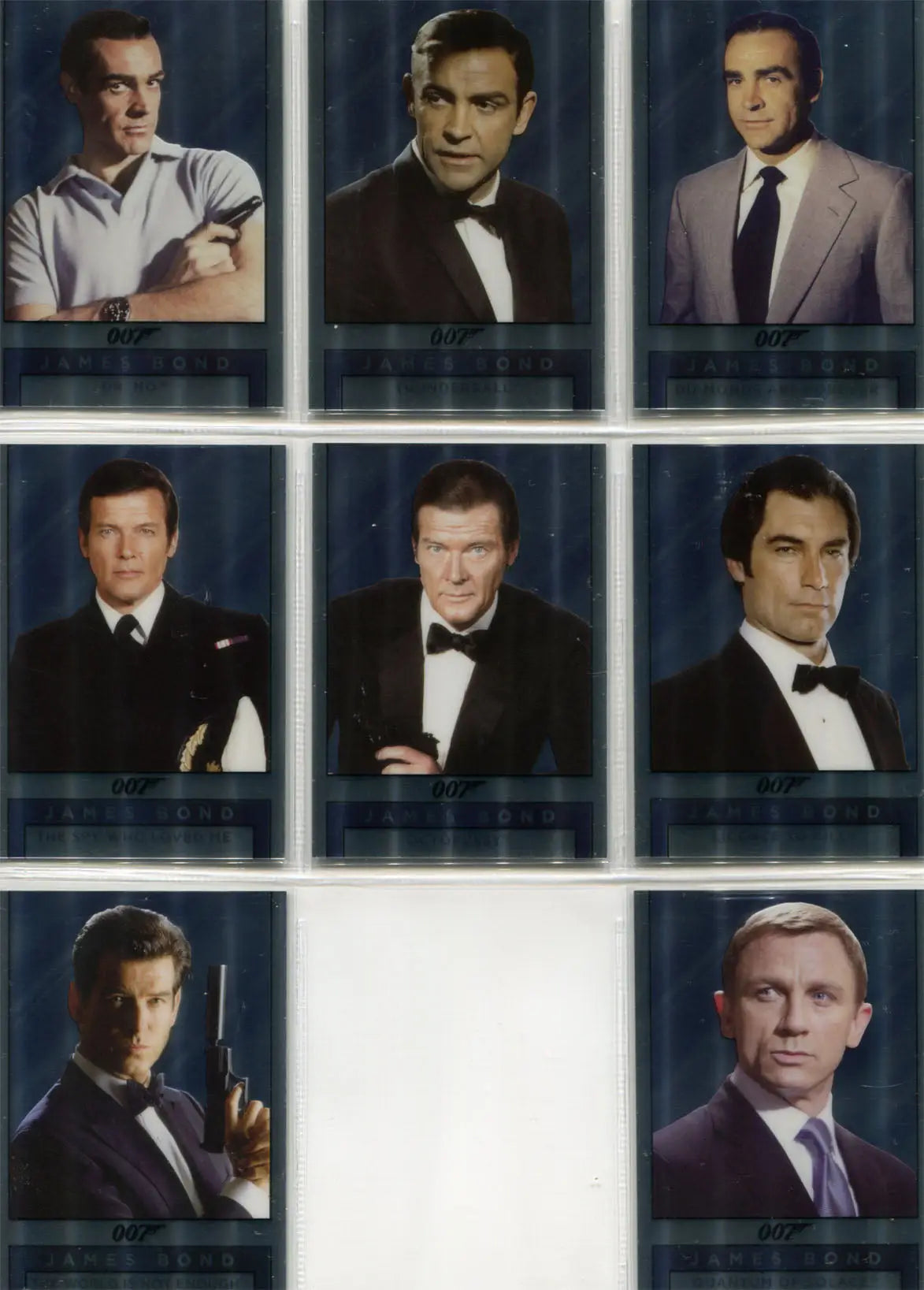 Collage of men in formal attire on James Bond trading card chase card art