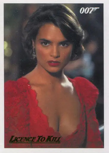 Woman in red dress with earrings featured on James Bond Gold Parallel Chase Card