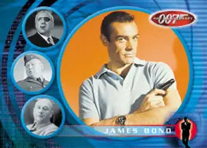 Man in a white shirt holding a gun surrounded by circular portraits on a promo card