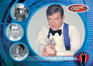 Man in white tuxedo holding small dog featuring James Bond 40th Anniversary promo card