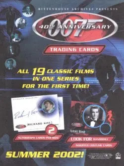 Promotional poster for James Bond 40th Anniversary Trading Cards with film images and autographs