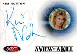 Autographed trading card of Kim Norton as Zorin Party Guest with a blue background