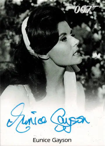 Black and white portrait of Eunice Gayson as Sylvia Trench on an autograph card