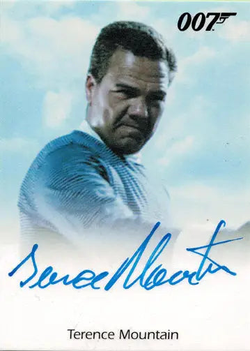 Autographed trading card of Terence Mountain as Raphael in blue shirt with 007
