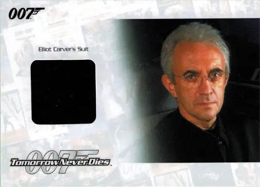Trading card featuring older man portrait and Elliot Carver’s suit fabric swatch
