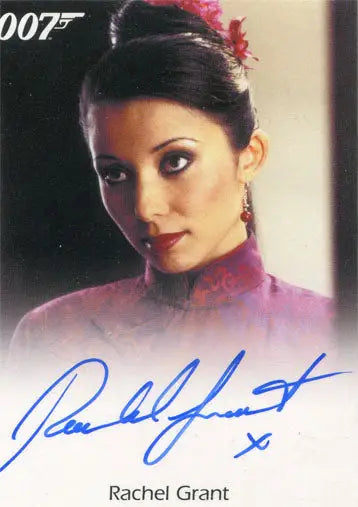 Autographed Rachel Grant trading card in purple outfit with 007 logo, James Bond Archives 2015
