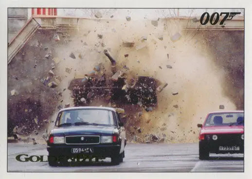 Car chase scene with explosion behind vehicles from Goldeneye Gold Parallel Chase Card