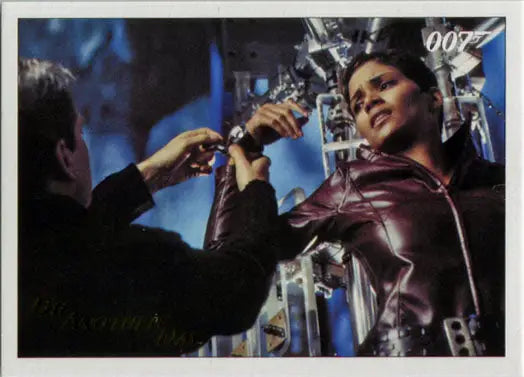 Woman in shiny leather jacket smiles with drink next to James Bond Archives gold foil card