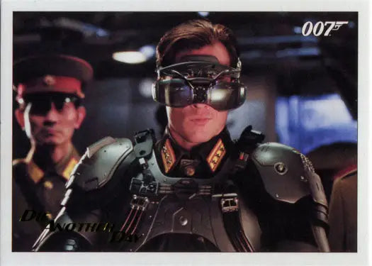Person in futuristic armor and high-tech goggles on James Bond gold foil trading card