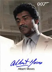 Headshot of Albert Moses as Sadruddin in James Bond autograph card against light background
