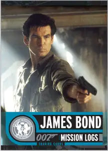 Man in light-colored shirt aiming handgun on James Bond Mission Logs promo card