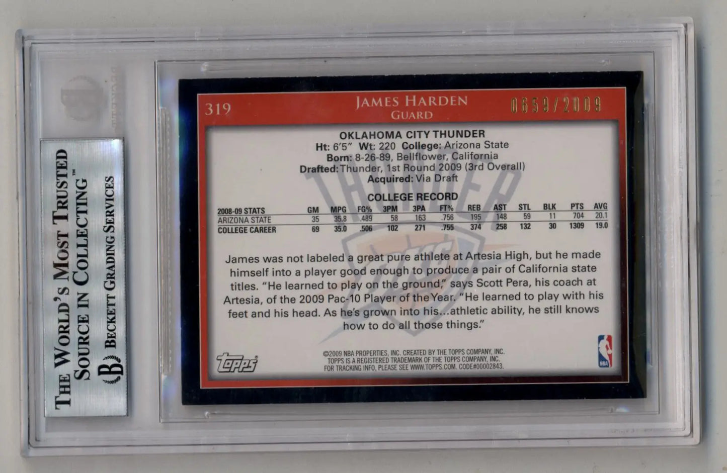 Graded James Harden Topps Gold basketball card 2009-10 BGS 8.5 Near Mint-Mint+