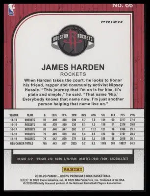 James Harden 2019-20 Hoops Premium Stock Prizms Silver #66 Houston Rockets - Basketball Card Single