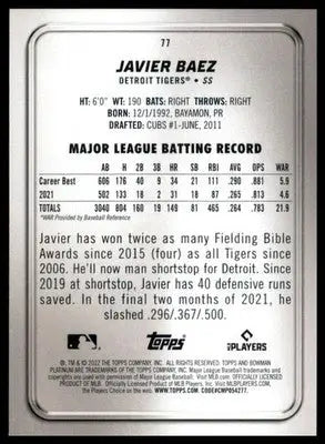 Javier Baez 2022 Bowman Platinum Ice Foilboard #77 Detroit Tigers - Baseball Card Single