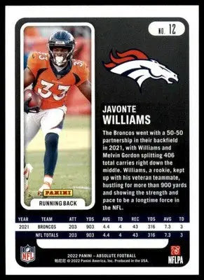Javonte Williams 2022 Panini Absolute #12 Denver Broncos - Football Card Single