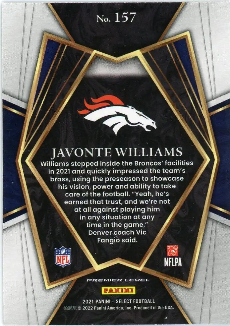 Javonte Williams Rookie 2021 Panini Select Premier #157 Denver Broncos Football - Football Card Single