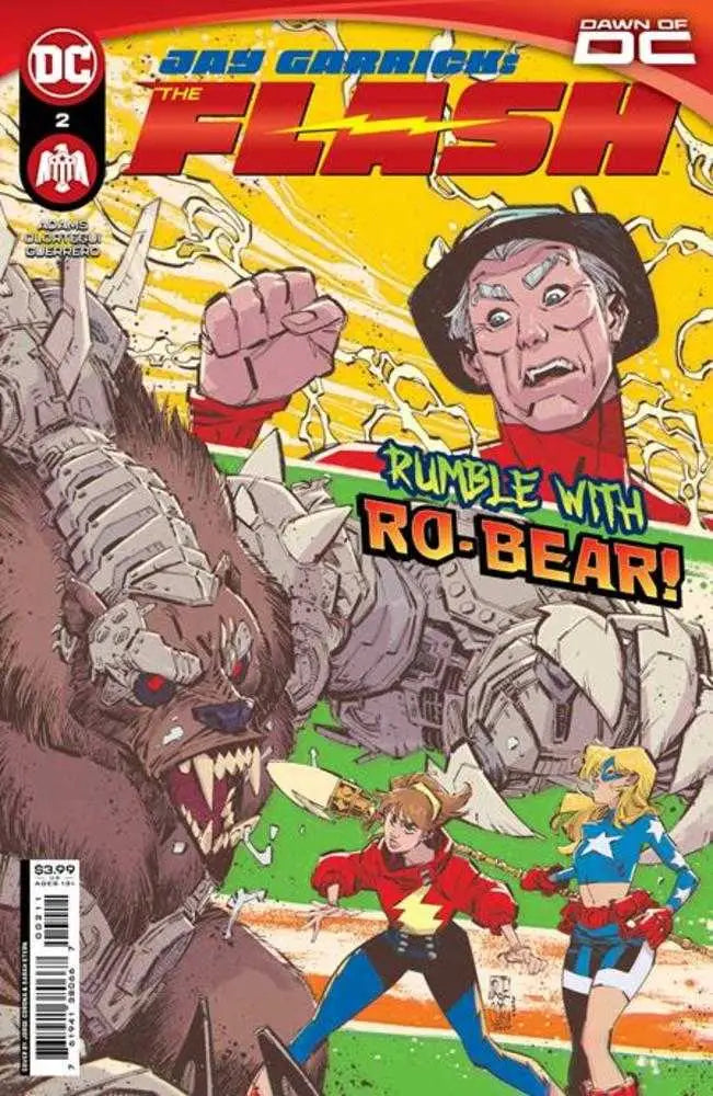 Comic book cover of Jay Garrick The Flash #2 battling a robotic bear for trading cards